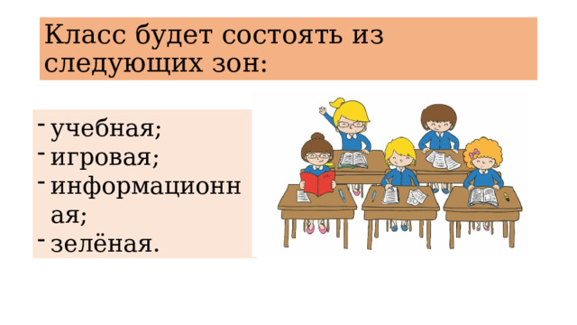 Класс будет состоять из следующих зон: учебная; игровая; информационная; зелёная. 