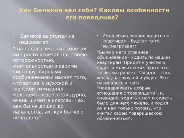 - Как Беликов вёл себя? Каковы особенности его поведения?    Беликов выступал на педсоветах: Имел обыкновение ходить по квартирам - будто что-то высматривает: 