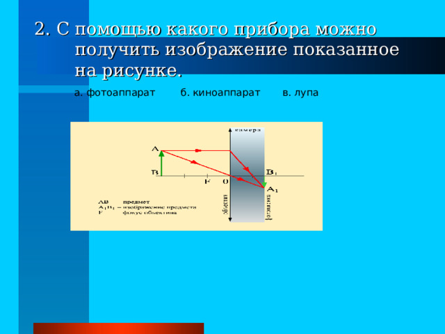 2. С помощью какого прибора можно получить изображение показанное на рисунке. а. фотоаппарат б. киноаппарат в. лупа 