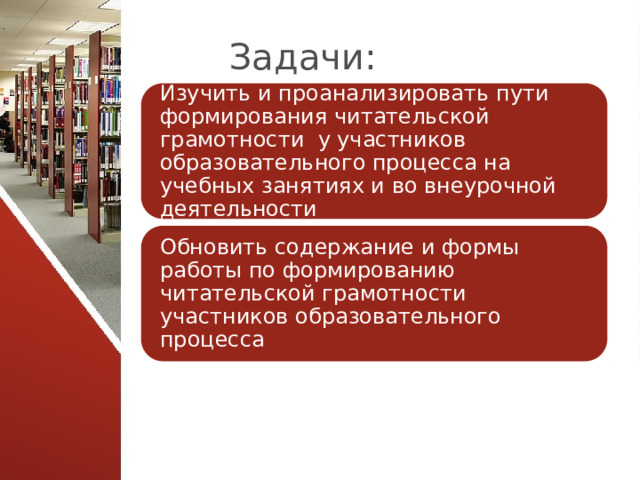 Задачи:    Изучить и проанализировать пути формирования читательской грамотности у участников образовательного процесса на учебных занятиях и во внеурочной деятельности Обновить содержание и формы работы по формированию читательской грамотности участников образовательного процесса 7 