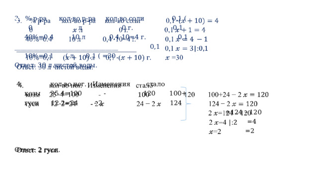 % р-ра кол-во р-ра кол-во соли 0,1  (    0 л 0 г. 0,1   40%=0.4 10 л 0,4  10=4 г. 0,1  _________________________________ 0,1   10%=0,1 ( л 0,1  ( =30 Ответ: 30 л чистой воды.  4. кол-во ног. Изменения стало  козы 25  4=100 - 120 100+  гуси 12  2=24 - 2  124    =124 – 120  =4   =2 Ответ: 2 гуся. 