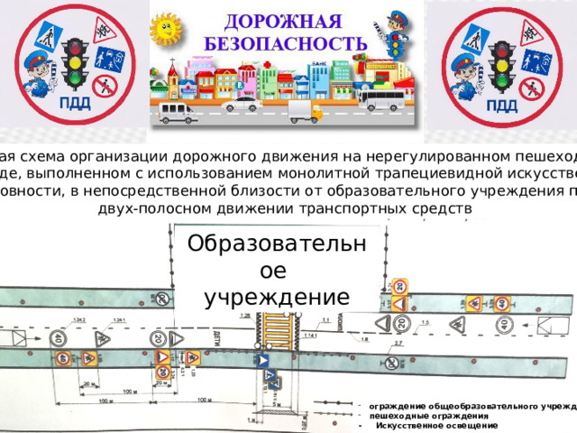 Типовая схема организации дорожного движения на нерегулированном пешеходном переходе, выполненном с использованием монолитной трапециевидной искусственной неровности, в непосредственной близости от образовательного учреждения при двух-полосном движении транспортных средств Образовательное учреждение ограждение общеобразовательного учреждения пешеходные ограждения - Искусственное освещение 