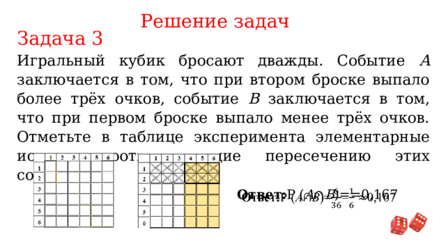 Решение задач Задача 3 Игральный кубик бросают дважды. Событие А заключается в том, что при втором броске выпало более трёх очков, событие В заключается в том, что при первом броске выпало менее трёх очков. Отметьте в таблице эксперимента элементарные исходы, соответствующие пересечению этих событий. Ответ: Р ( A ∩ B )= =0,167   