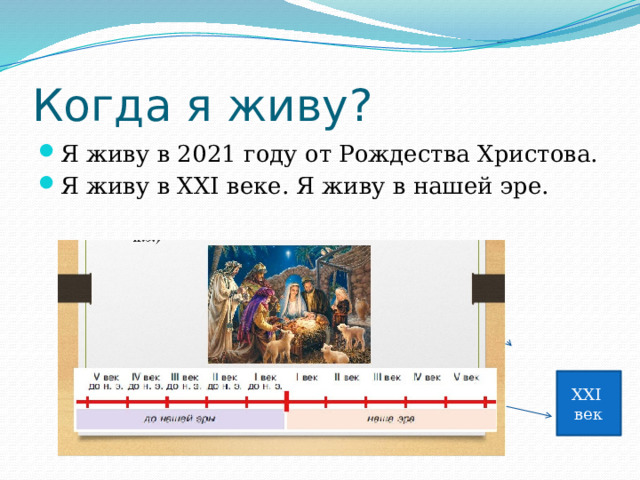 Когда я живу? Я живу в 2021 году от Рождества Христова. Я живу в XXI веке. Я живу в нашей эре. XXI век 