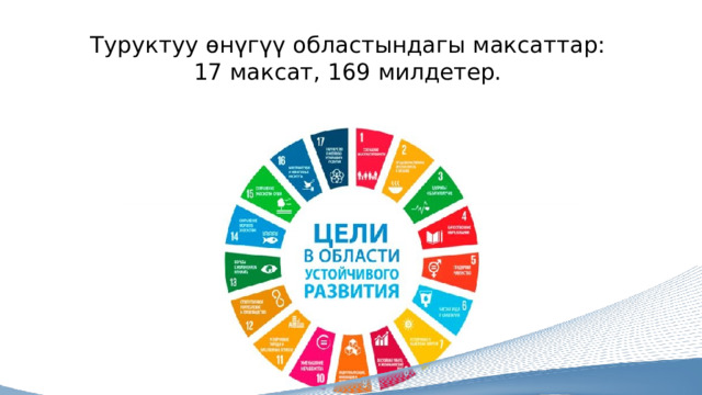  Туруктуу өнүгүү областындагы максаттар:  17 максат, 169 милдетер.   