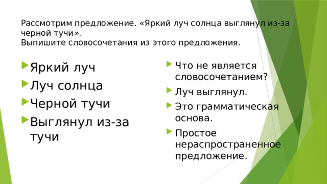 Рассмотрим предложение. «Яркий луч солнца выглянул из-за черной тучи ».    Выпишите словосочетания из этого предложения. Яркий луч Луч солнца Черной тучи Выглянул из-за тучи Что не является словосочетанием? Луч выглянул. Это грамматическая основа. Простое нераспространенное предложение. 