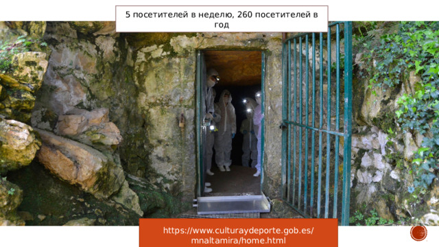 5 посетителей в неделю, 260 посетителей в год Сайт музея Альтамира https://www.culturaydeporte.gob.es/mnaltamira/home.html Cueva de Altamira/ Самый редко посещаемый музей. Сейчас запись закрыта. Los niveles más recientes (1-5) de la secuencia se corresponden con el periodo Magdaleniense; el análisis por Carbono 14 muestra aquí una antigüedad de entre 19.000 y 16.800 años. Los dos niveles solutrenses (6-7) se encuentran comprendidos entre 24.000 y 20.500 antes del presente. El nivel más antiguo encontrado (8) corresponde al final del Gravetiense y tiene una antigüedad de entre 26.400 y 26.000 años. https://www.culturaydeporte.gob.es/mnaltamira/home.html  