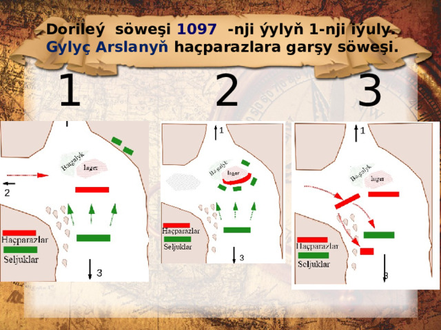 Dorileý söweşi 1097 -nji ýylyň 1-nji iýuly. Gylyç Arslanyň haçparazlara garşy söweşi. 1 2 3 