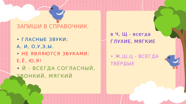 ЗАПИШИ В СПРАВОЧНИК в Ч, Щ - всегда ГЛУХИЕ, МЯГКИЕ • Ж,Ш,Ц - ВСЕГДА ТВЁРДЫЕ •  ГЛАСНЫЕ ЗВУКИ: А, И, О,У,Э,Ы. •  НЕ ЯВЛЯЮТСЯ ЗВУКАМИ: Е,Ё, Ю,Я! •  Й - ВСЕГДА СОГЛАСНЫЙ, ЗВОНКИЙ, МЯГКИЙ 