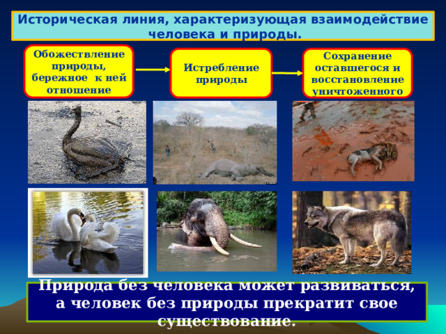 Историческая линия, характеризующая взаимодействие  человека и природы. Обожествление природы, бережное к ней отношение Истребление природы Сохранение оставшегося и восстановление уничтоженного Природа без человека может развиваться, а человек без природы прекратит свое существование. 