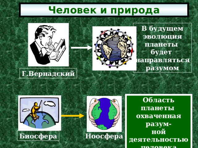 Человек и природа В будущем эволюция планеты будет направляться разумом Г.Вернадский Область планеты охваченная разум- ной деятельностью человека Биосфера Ноосфера 