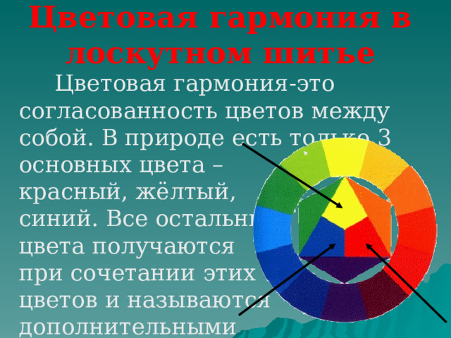 Цветовая гармония в лоскутном шитье  Цветовая гармония-это согласованность цветов между собой. В природе есть только 3 основных цвета – красный, жёлтый, синий. Все остальные цвета получаются при сочетании этих цветов и называются дополнительными 