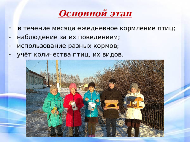 Основной этап  в течение месяца ежедневное кормление птиц;  наблюдение за их поведением;  использование разных кормов;  учёт количества птиц, их видов.  