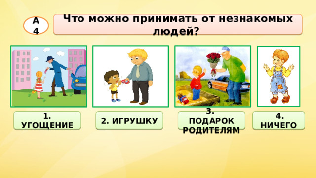Что можно принимать от незнакомых людей? А4  1. УГОЩЕНИЕ 2. ИГРУШКУ 3. ПОДАРОК РОДИТЕЛЯМ  4. НИЧЕГО 