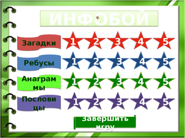 2 3 1 4 5 ИНФОБОЙ 3 2 1 5 4 Загадки 1 2 3 4 5 Ребусы 1 Анаграммы 2 4 3 5 2 3 4 5 Пословицы 1 Завершить игру 
