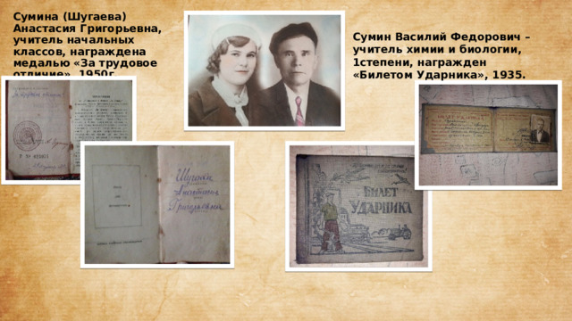 Сумина (Шугаева) Анастасия Григорьевна, учитель начальных классов, награждена медалью «За трудовое отличие», 1950г. Сумин Василий Федорович – учитель химии и биологии, 1степени, награжден «Билетом Ударника», 1935. 