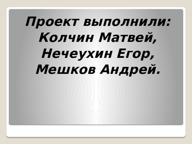 Проект выполнили: Колчин Матвей, Нечеухин Егор, Мешков Андрей. 