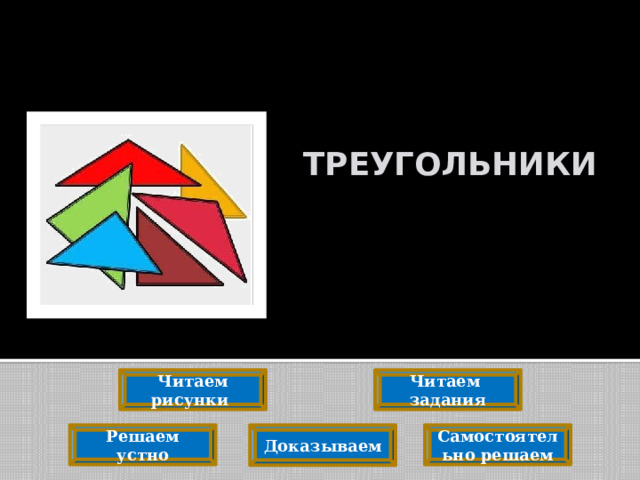    ТРЕУГОЛЬНИКИ Читаем рисунки Читаем задания Решаем устно Самостоятельно решаем Доказываем 