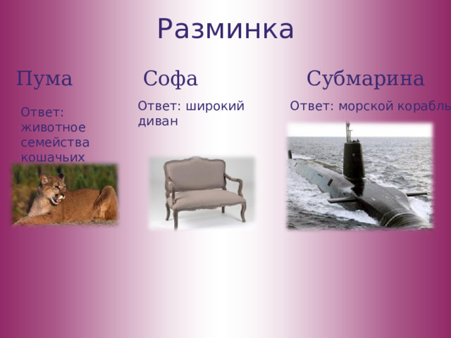 Разминка Пума Софа Субмарина Ответ: широкий диван Ответ: морской корабль Ответ: животное семейства кошачьих 