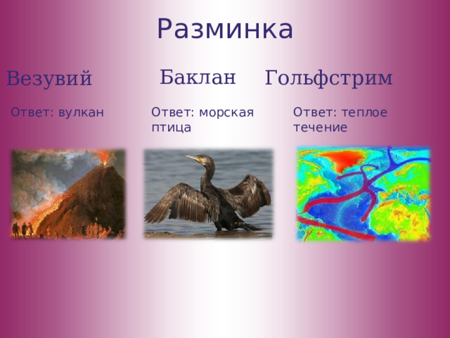Разминка Баклан Гольфстрим Везувий Ответ: вулкан Ответ: теплое течение Ответ: морская птица 