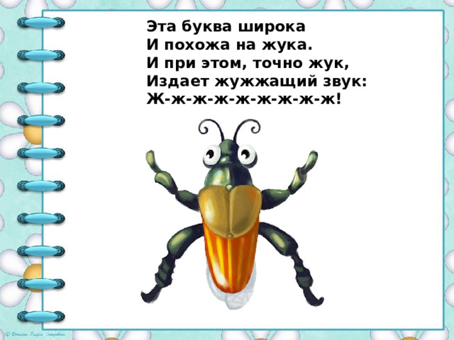 Эта буква широка И похожа на жука. И при этом, точно жук, Издает жужжащий звук: Ж-ж-ж-ж-ж-ж-ж-ж-ж!    
