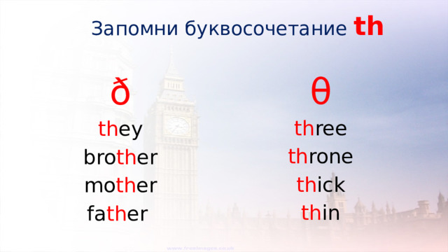 Запомни буквосочетание th θ th ree th rone th ick th in ð th ey bro th er mo th er fa th er 