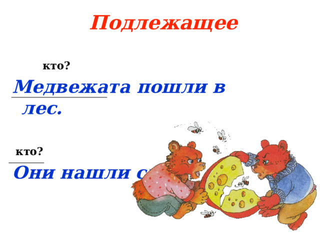  Подлежащее  кто? Медвежата пошли в лес.   кто? Они нашли сыр. 