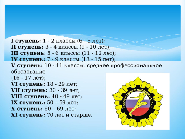 I ступень: 1 - 2 классы (6 - 8 лет);  II ступень: 3 - 4 классы (9 - 10 лет);  III ступень : 5 - 6 классы (11 - 12 лет);  IV ступень: 7 - 9 классы (13 - 15 лет);  V ступень: 10 - 11 классы, среднее профессиональное образование  (16 - 17 лет);  VI ступень: 18 - 29 лет;  VII ступень: 30 - 39 лет;  VIII ступень: 40 - 49 лет;  IX ступень: 50 – 59 лет;  X ступень: 60 – 69 лет;  XI ступень: 70 лет и старше.   