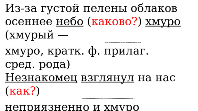Из-за густой пелены облаков осеннее небо ( каково? ) хмуро (хмурый —  --------------------------------------- хмуро, кратк. ф. прилаг. сред. рода) Незнакомец  взглянул на нас ( как? )  -------------------------------------------------- - неприязненно и хмуро (наречие). ____ . ____ . ___ . ___ . ____ . ____ . _____ ____ . ____ . ___ ____ . ____ . ___ . ___ . ____ Сегодня за окном хмуро и пасмурно   ------------------------------------  -------------------------------------------------- - (категория состояния).  
