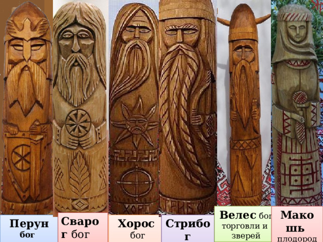 Велес бог Макошь торговли и плодородие зверей ткачество Сварог бог огня Хорос Стрибог Перун бог  бог солнца грома молнии  бог ветра 