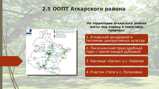 2.5 ООПТ Аткарского района На территории аткарского района взяты под охрану 4 памятника природы: 1. Аткарский дендрарий и питомник декоративных культур 2. Лисичкинский приусадебный парк с прилегающей дубравой 3. Урочище «Затон» у с. Озерное 4. Участок степи у с. Лопуховка 7 