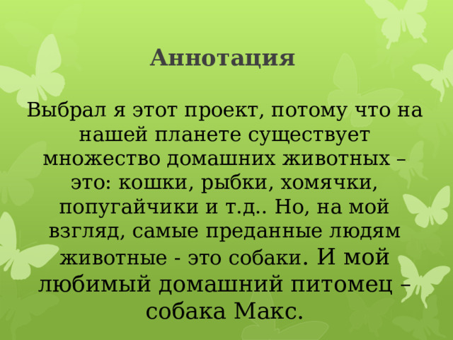 Аннотация Выбрал я этот проект, потому что на нашей планете существует множество домашних животных – это: кошки, рыбки, хомячки, попугайчики и т.д.. Но, на мой взгляд, самые преданные людям животные - это собаки . И мой любимый домашний питомец –собака Макс. 