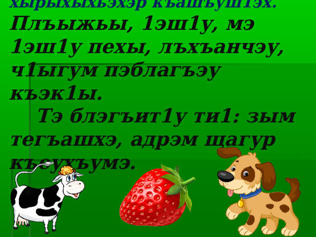  Сурэтхэр жъугъэфедэхэзэ, хырыхыхьэхэр къашъуш1эх.  Плъыжьы, 1эш1у, мэ 1эш1у пехы, лъхъанчэу, ч1ыгум пэблагъэу къэк1ы.  Тэ блэгъит1у ти1: зым тегъашхэ, адрэм щагур къеухъумэ. 