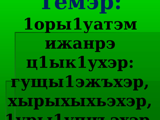 Темэр:  1оры1уатэм ижанрэ ц1ык1ухэр: гущы1эжъхэр, хырыхыхьэхэр, 1уры1упчъэхэр. 