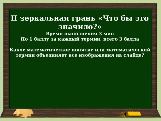 II зеркальная грань «Что бы это значило?» Время выполнения 3 мин По 1 баллу за каждый термин, всего 3 балла  Какое математическое понятие или математический термин объединяет все изображения на слайде? 