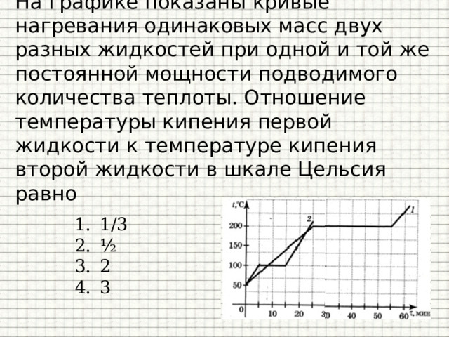 На графике показаны кривые нагревания одинаковых масс двух разных жидкостей при одной и той же постоянной мощности подводимого количества теплоты. Отношение температуры кипения первой жидкости к температуре кипения второй жидкости в шкале Цельсия равно 1/3 ½ 2 3 