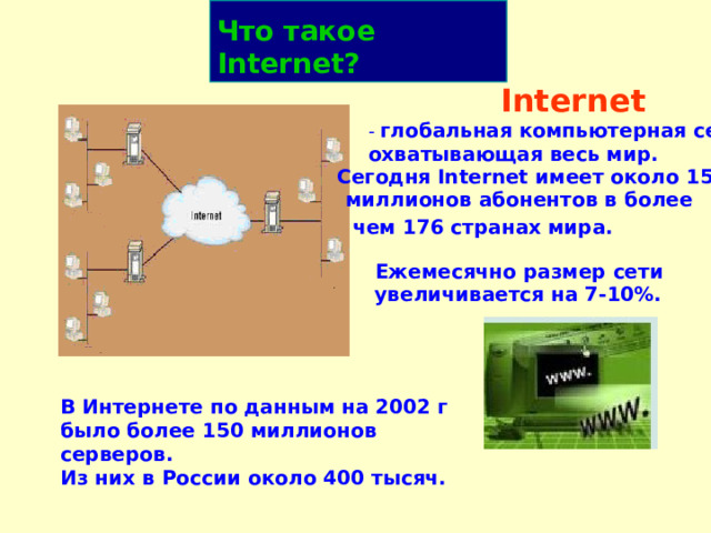 Что такое Internet ?  Internet   - глобальная компьютерная сеть,  охватывающая весь мир.  Сегодня Internet имеет около 15  миллионов абонентов в более чем 176 странах мира.  Ежемесячно размер сети  увеличивается на 7-10%.  В Интернете по данным на 2002 г было более 150 миллионов серверов.  Из них в России около 400 тысяч. 