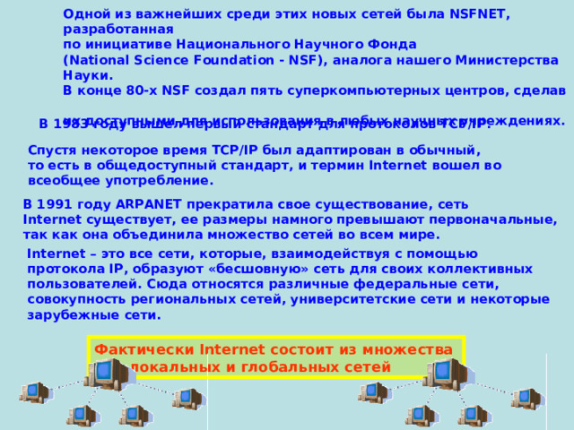 Одной из важнейших среди этих новых сетей была NSFNET, разработанная  по инициативе Национального Научного Фонда  (National Science Foundation - NSF), аналога нашего Министерства Науки.  В конце 80-х NSF создал пять суперкомпьютерных центров, сделав  их доступными для использования в любых научных учреждениях. В 1983 году вышел первый стандарт для протоколов TCP/IP.  Спустя некоторое время TCP/IP был адаптирован в обычный,  то есть в общедоступный стандарт, и термин Internet вошел во  всеобщее употребление. В 1991 году ARPANET прекратила свое существование, сеть  Internet существует, ее размеры намного превышают первоначальные,  так как она объединила множество сетей во всем мире. Internet – это все сети, которые, взаимодействуя с помощью  протокола IP , образуют «бесшовную» сеть для своих коллективных  пользователей. Сюда относятся различные федеральные сети,  совокупность региональных сетей, университетские сети и некоторые  зарубежные сети. Фактически Internet состоит из множества  локальных и глобальных сетей 