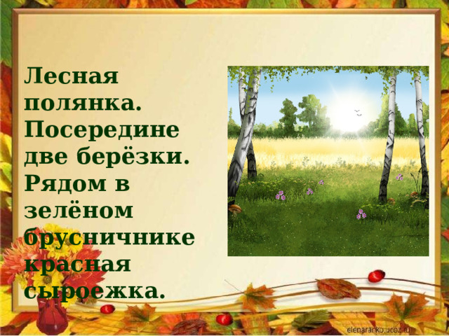 Лесная полянка. Посередине две берёзки. Рядом в зелёном брусничнике красная сыроежка. 