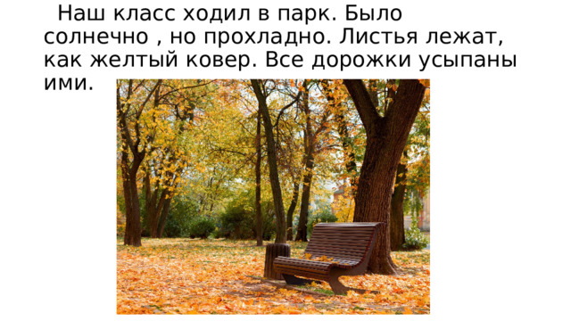  Наш класс ходил в парк. Было солнечно , но прохладно. Листья лежат, как желтый ковер. Все дорожки усыпаны ими. 