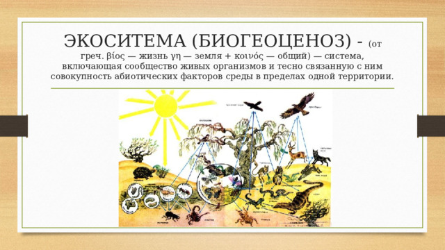 ЭКОСИТЕМА (БИОГЕОЦЕНОЗ) - (от греч. βίος — жизнь γη — земля + κοινός — общий) — система, включающая сообщество живых организмов и тесно связанную с ним совокупность абиотических факторов среды в пределах одной территории. 