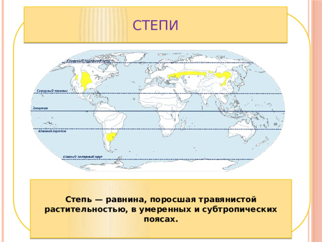Степи Степь — равнина, поросшая травянистой растительностью, в умеренных и субтропических поясах. 