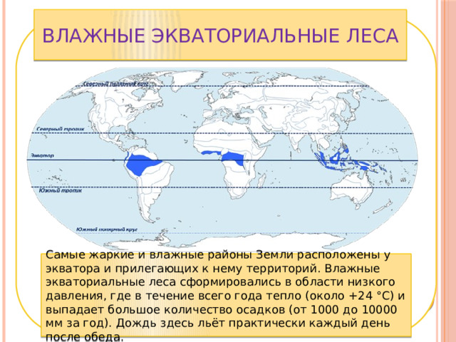 Влажные экваториальные леса Самые жаркие и влажные районы Земли расположены у экватора и прилегающих к нему территорий. Влажные экваториальные леса сформировались в области низкого давления, где в течение всего года тепло (около +24 °С) и выпадает большое количество осадков (от 1000 до 10000 мм за год). Дождь здесь льёт практически каждый день после обеда. 