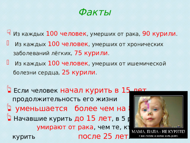 Факты Из каждых 100 человек , умерших от рака, 90 курили .  Из каждых 100 человек , умерших от хронических заболеваний лёгких, 75 курили .  Из каждых 100 человек , умерших от ишемической болезни сердца, 25 курили . Если человек начал курить в 15 лет , продолжительность его жизни  уменьшается более чем на 8 лет. Начавшие курить до 15 лет , в 5 раз чаще умирают от рака , чем те, кто начал курить после 25 лет . 