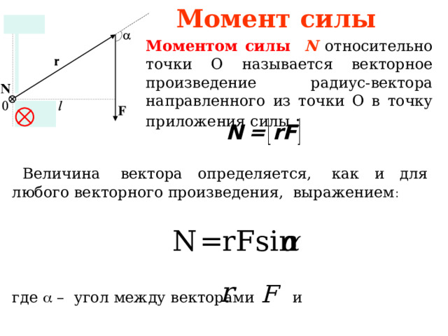  Момент силы Моментом силы   N  относительно точки О называется векторное произведение ради ус- вектора направленного из точки О в точку приложения силы :   Величина вектора определяется, как и для любого векторного произведения, выражением : где  –  угол между векторами и  