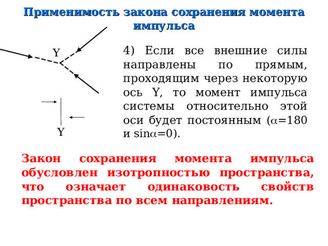Применимость закона сохранения момент а импульса 4) Если все внешние силы направлены по прямым, проходящим через некоторую ось Y, то момент импульса системы относительно этой оси будет постоянным (  = 18 0 и sin  =0) . Y Y Закон сохранения момента импульса обусловлен изотроп ностью пространства, что означает одинаковость свойств пространства по всем направлениям.   