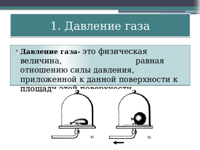1. Давление газа Давление газа- это физическая величина, равная отношению силы давления, приложенной к данной поверхности к площади этой поверхности. 