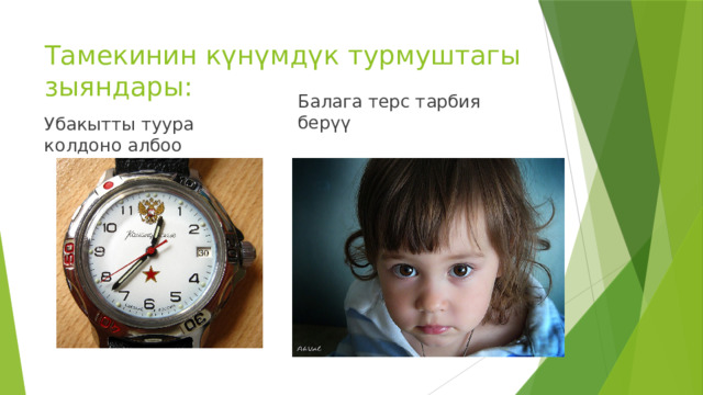 Тамекинин күнүмдүк турмуштагы зыяндары: Балага терс тарбия берүү Убакытты туура колдоно албоо 