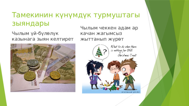 Тамекинин күнүмдүк турмуштагы зыяндары Чылым үй-бүлөлүк казынага зыян келтирет Чылым чеккен адам ар качан жагымсыз жыттанып жүрөт 