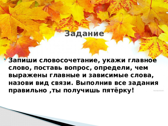 Задание   Запиши словосочетание, укажи главное слово, поставь вопрос, определи, чем выражены главные и зависимые слова, назови вид связи. Выполнив все задания правильно ,ты получишь пятёрку! 